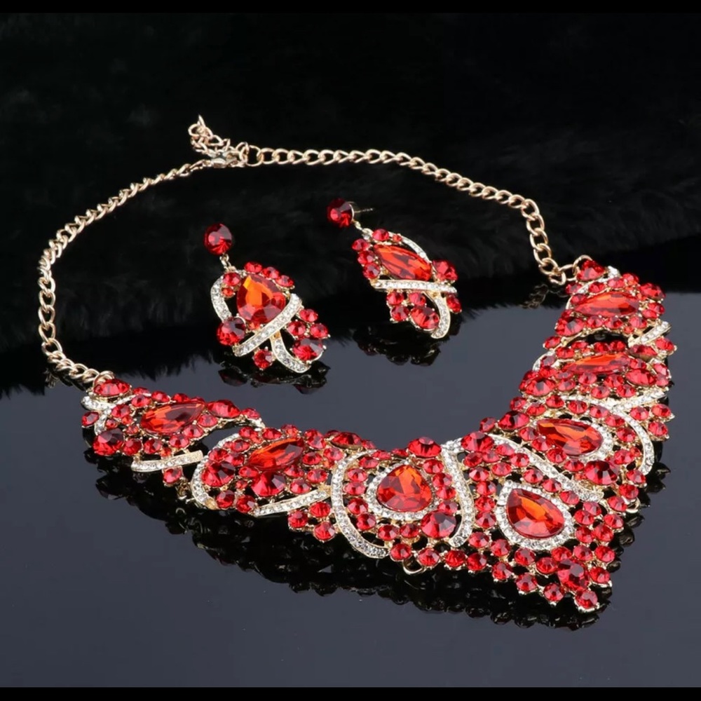 Bold Red Statement Necklace Set - image 2